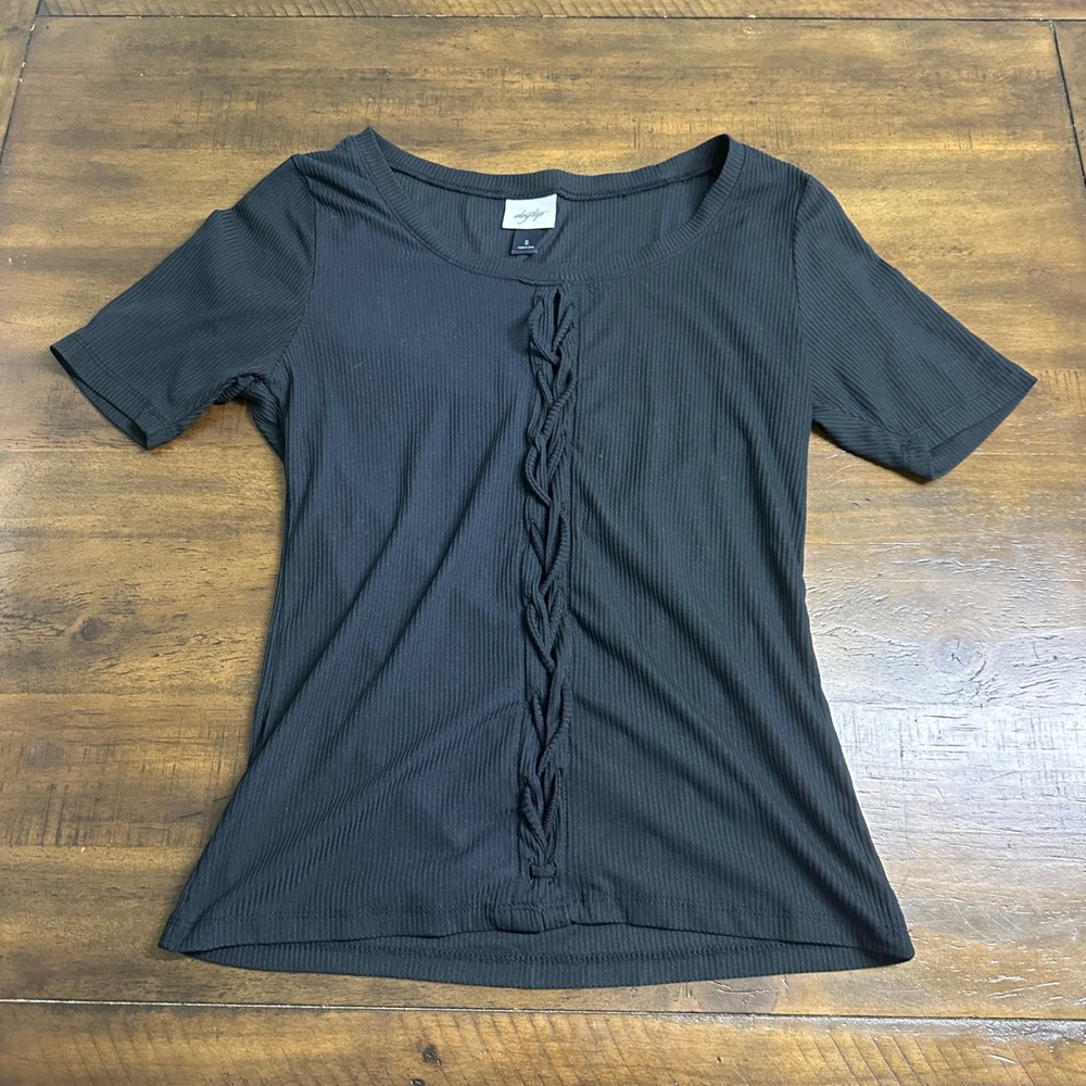 Daytrip Womens Black‎ Ribbed Short Sleeve Braided Lattice Front Scoop Neck Top S